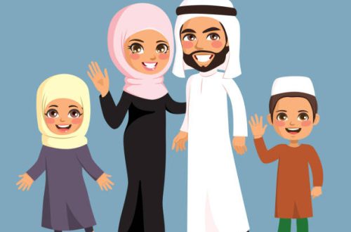 Happy four member Muslim family together in traditional clothes on blue background